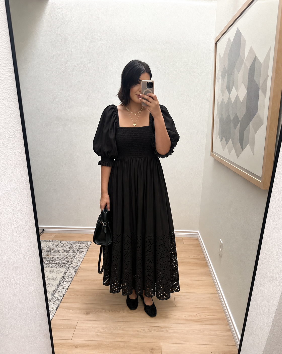 Perfect Storm Smocked Eyelet Long Sleeve Maxi Dress