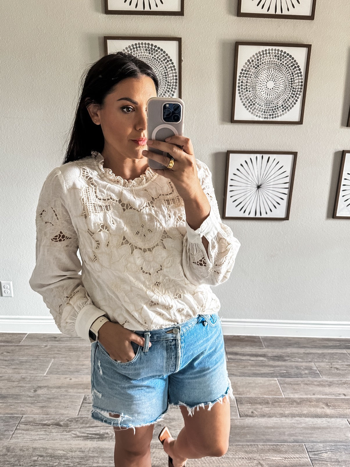 Lainie Long-Sleeve Lace Cutwork Blouse