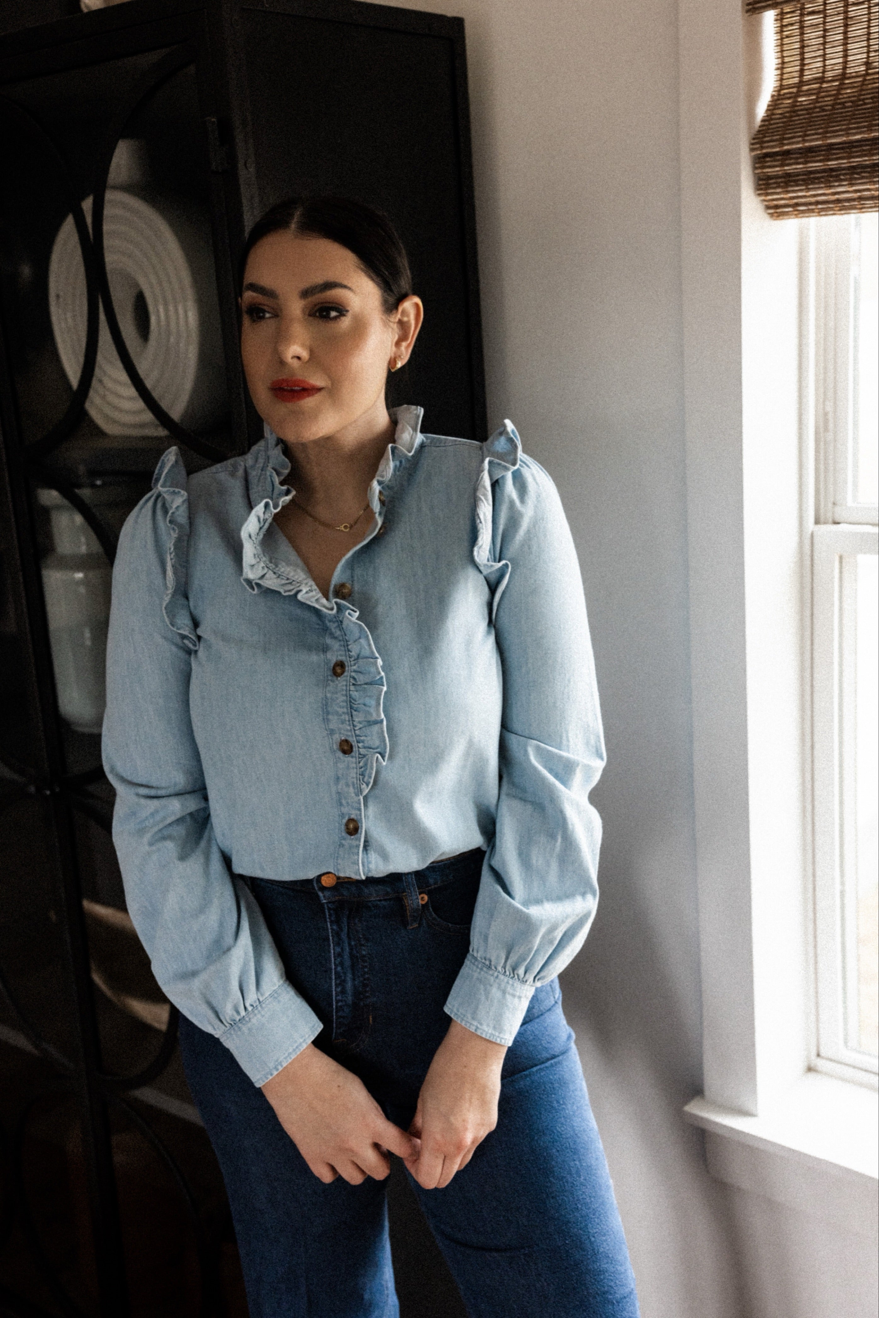 Light Wash Denim Ruffle Blouse