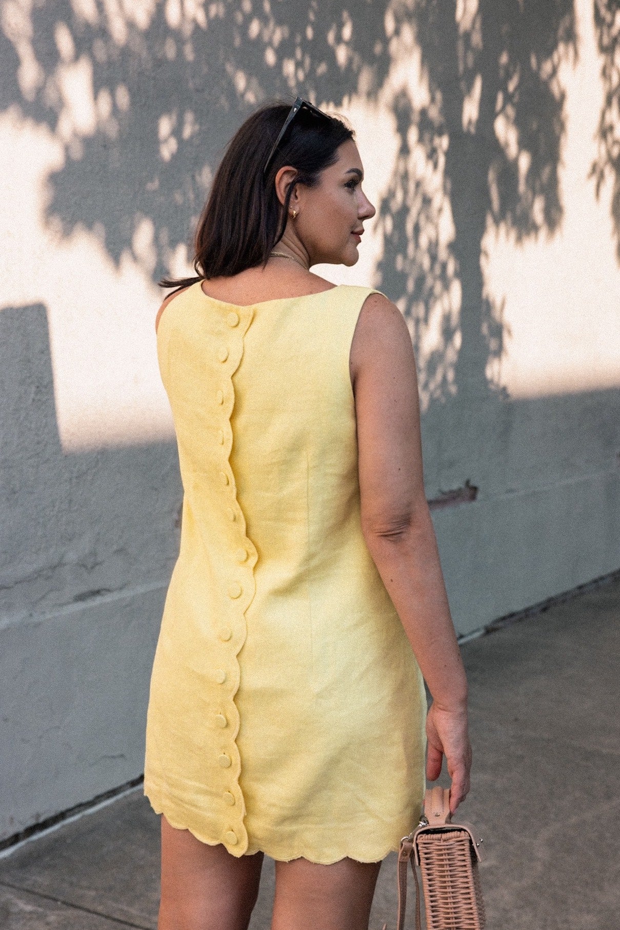 Scalloped-trim shift dress in linen