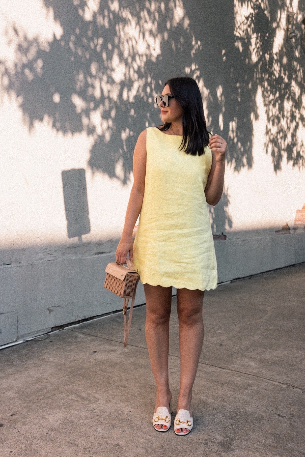 Scalloped-trim shift dress in linen
