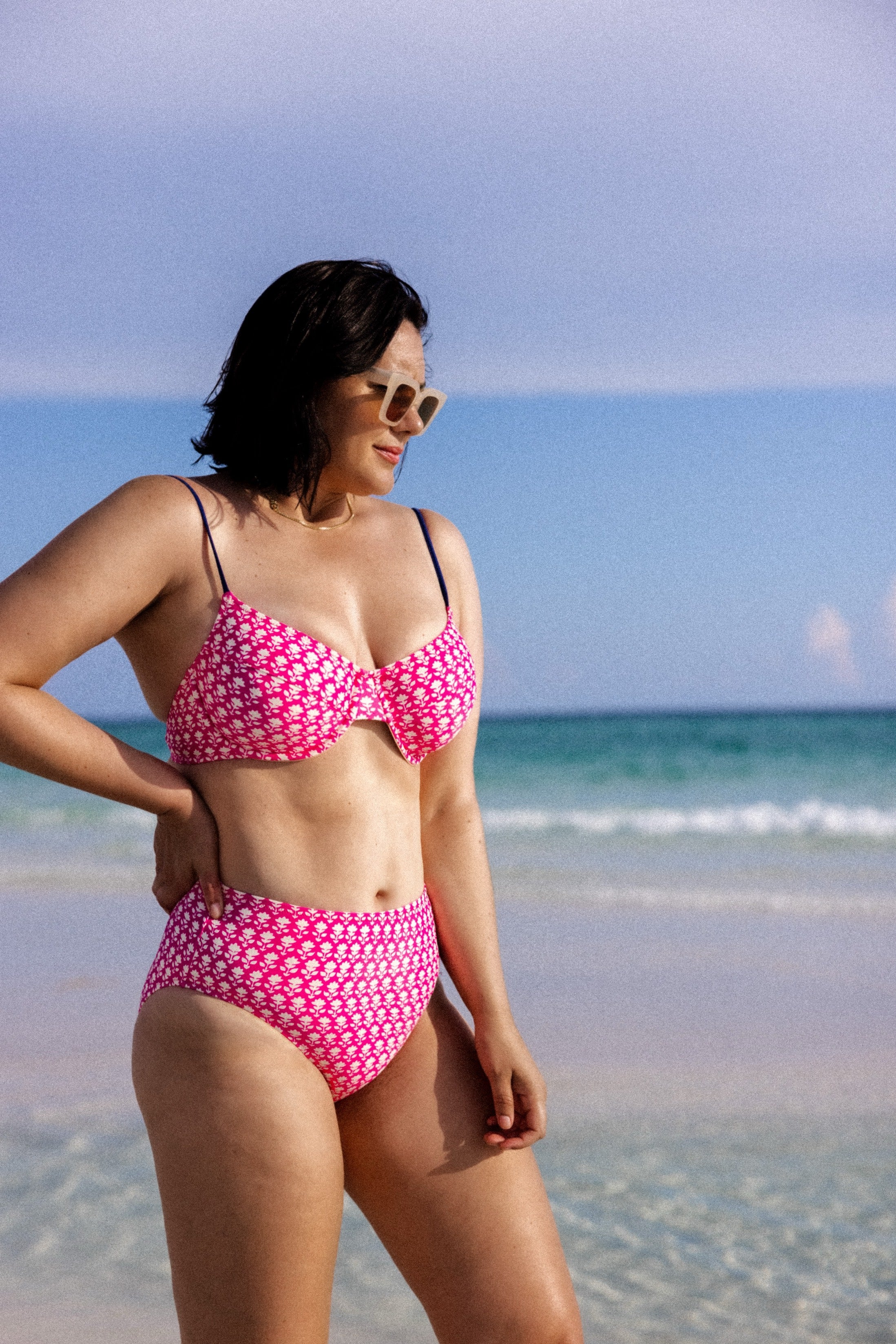High-rise full-coverage bikini bottom in pink stamp floral