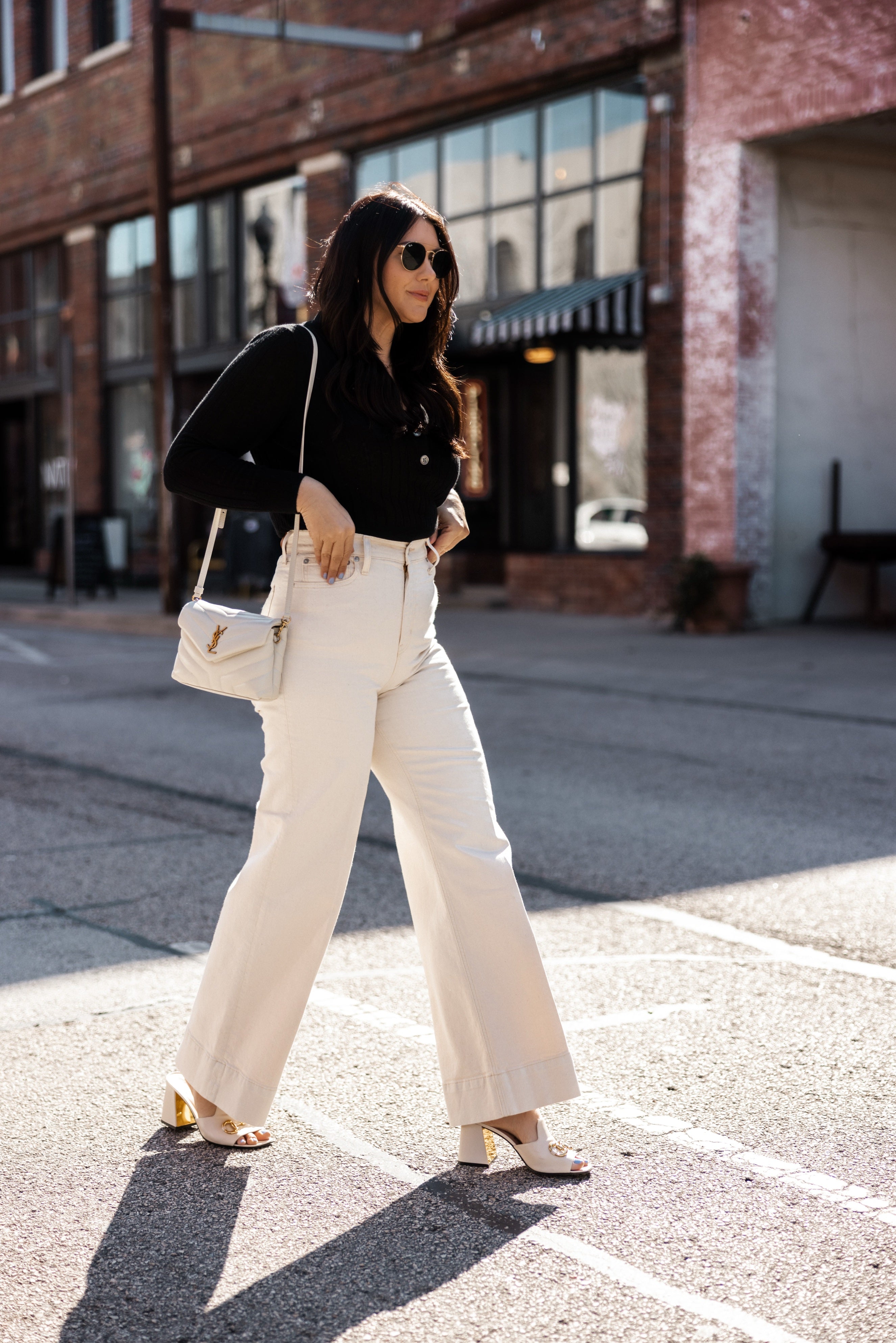Wide-leg denim trouser in ecru