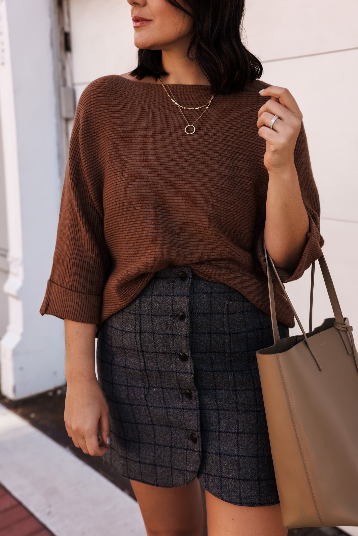 Wool Button-Front Mini Skirt in Windowpane