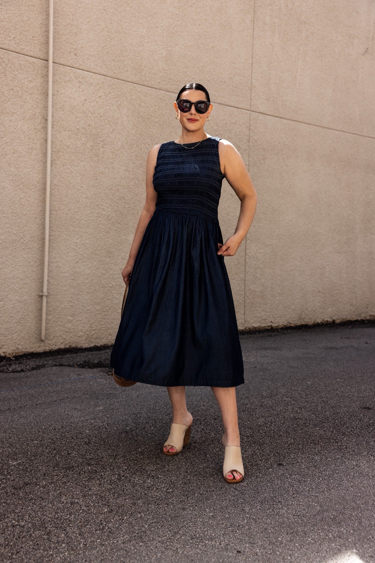 Denim Smocked Boatneck Midi Dress