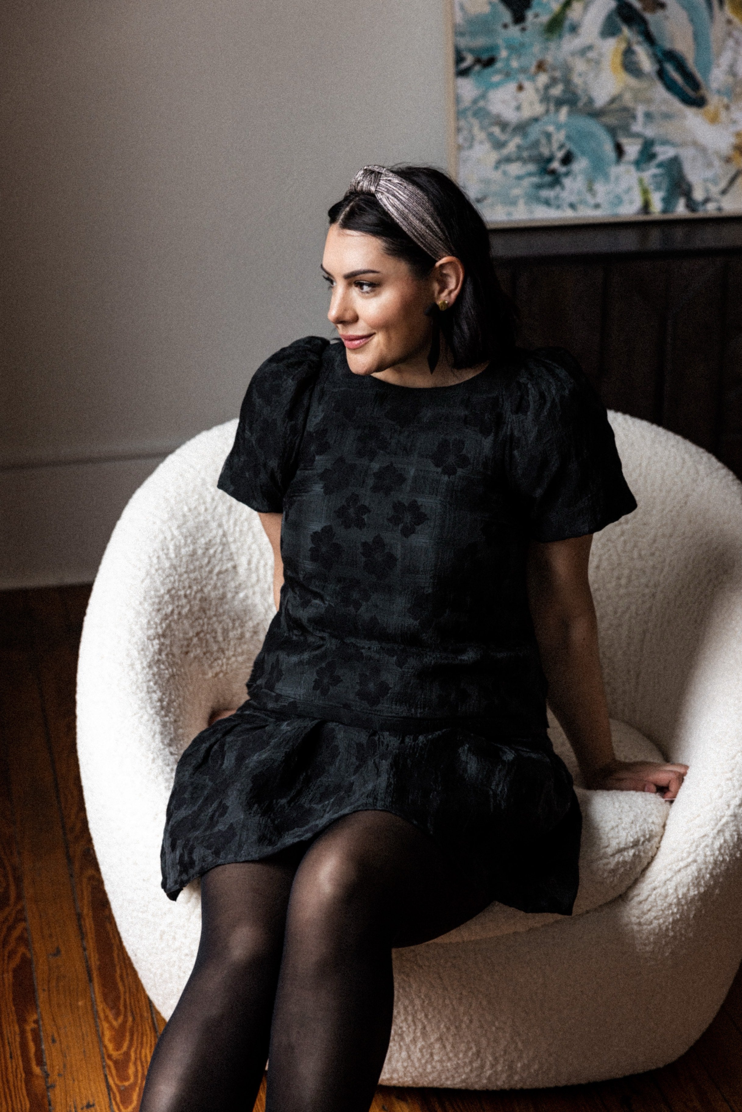 Puff-Sleeve Pleated Mini Dress