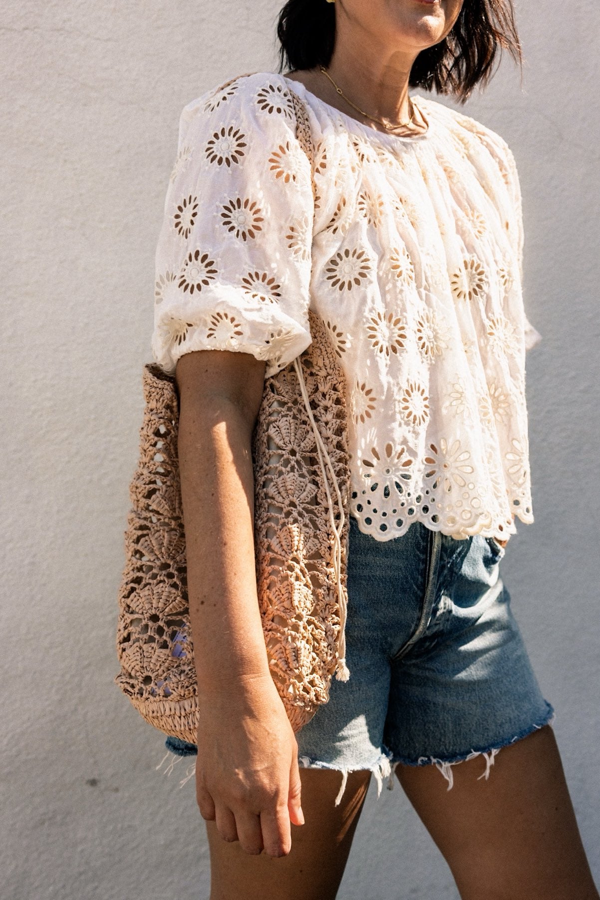 Handknotted faux-raffia bucket bag