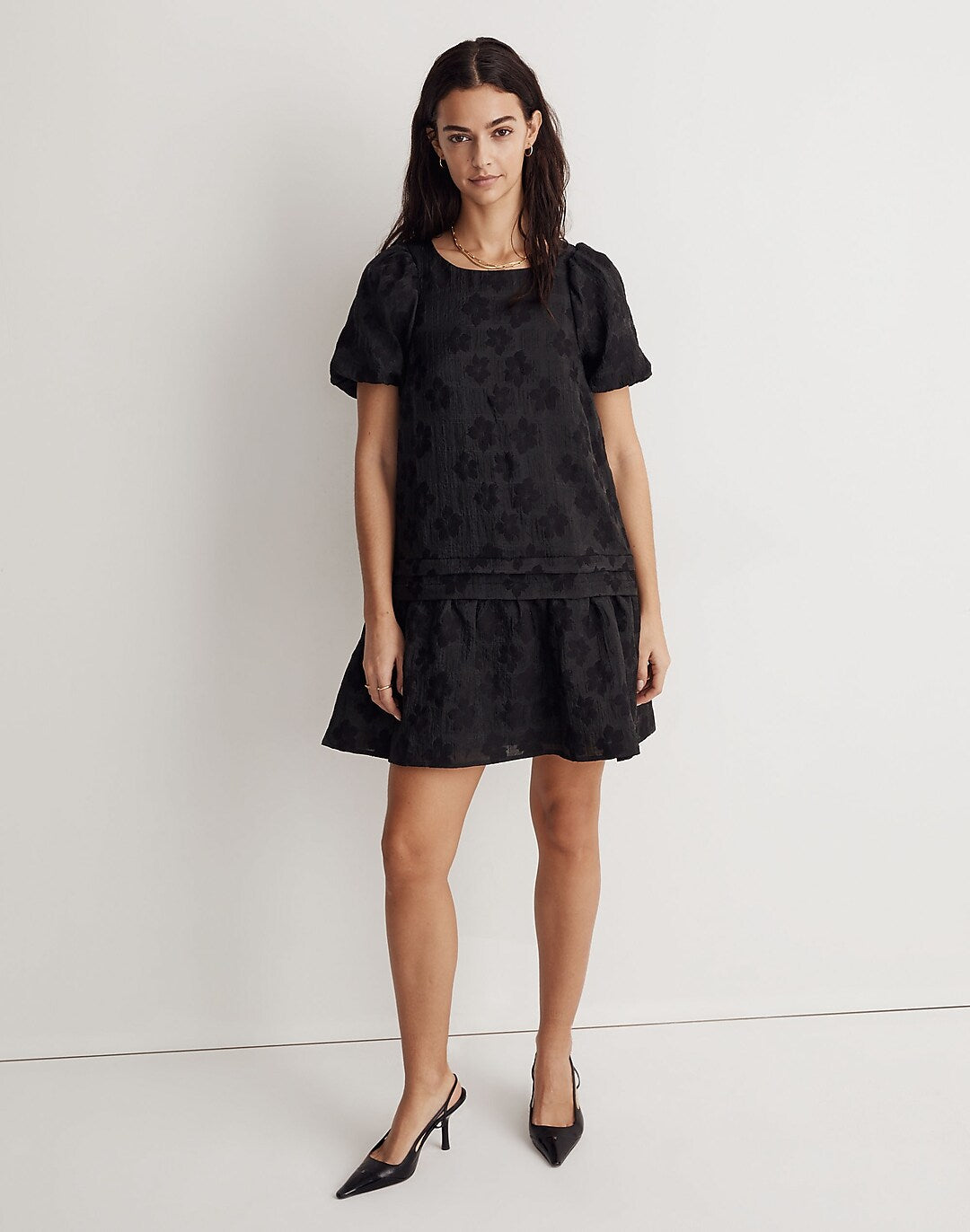 Puff-Sleeve Pleated Mini Dress