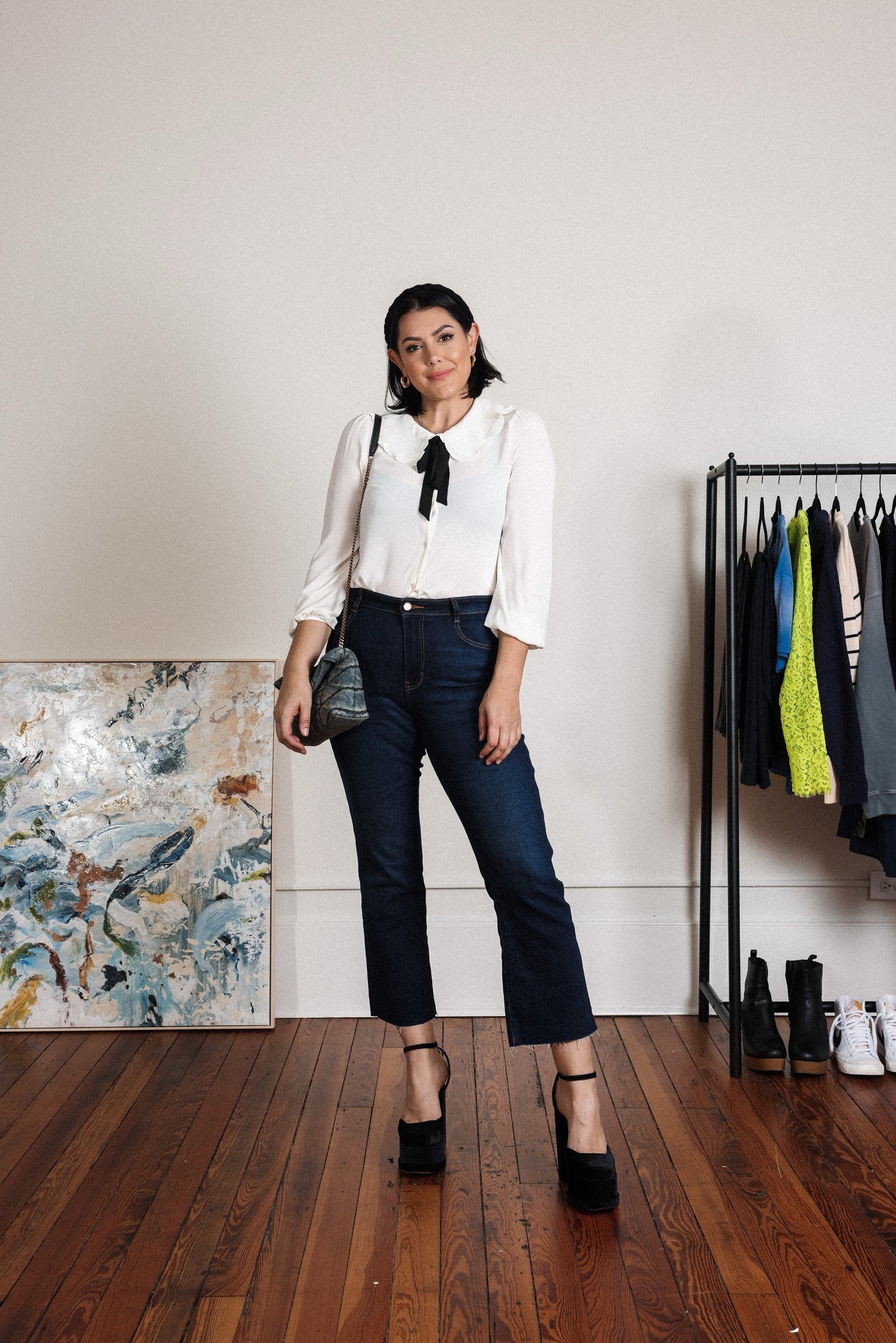 Drapey ruffle-collar button-up shirt