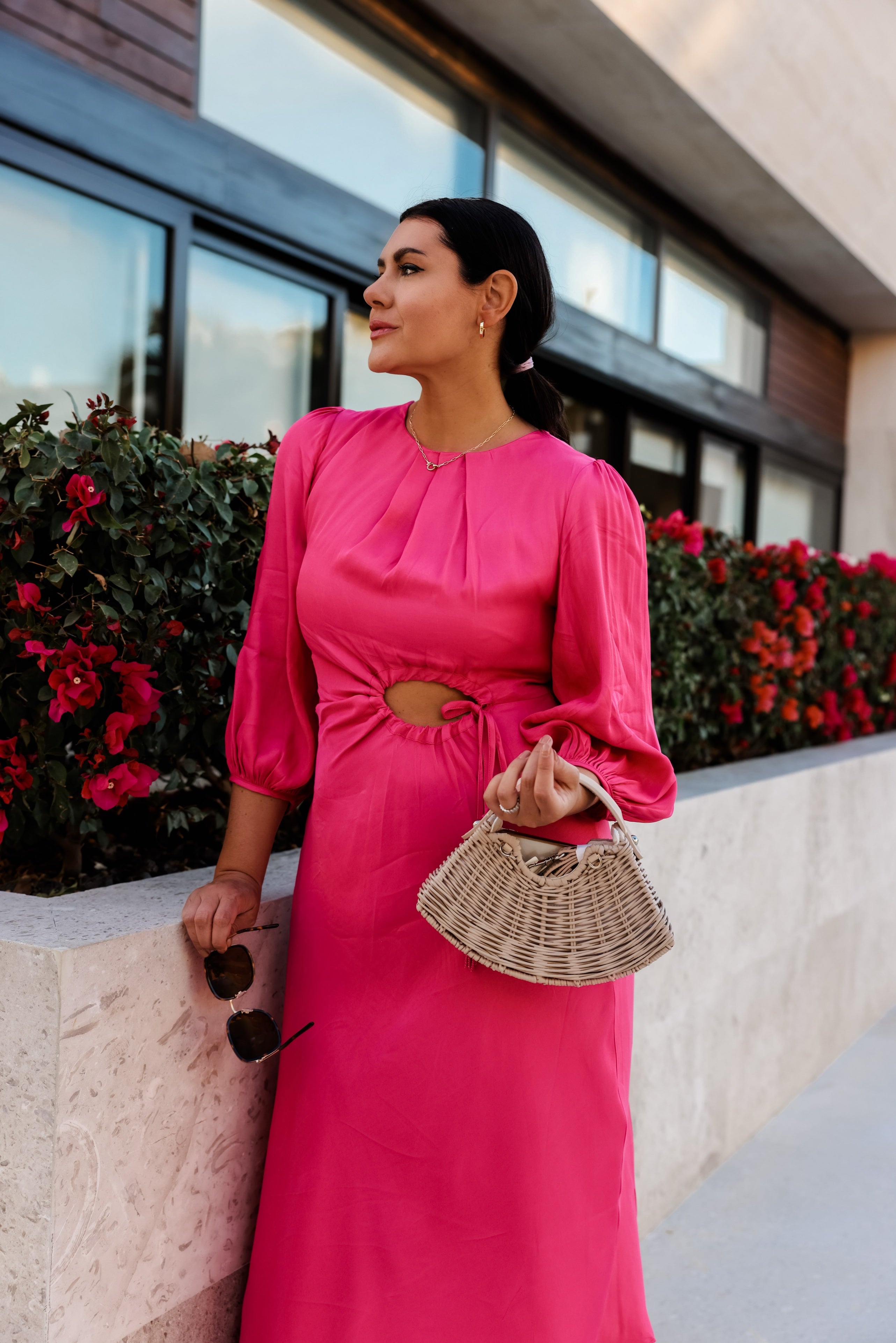 Pink Front Circle Cut Out Midi Dress