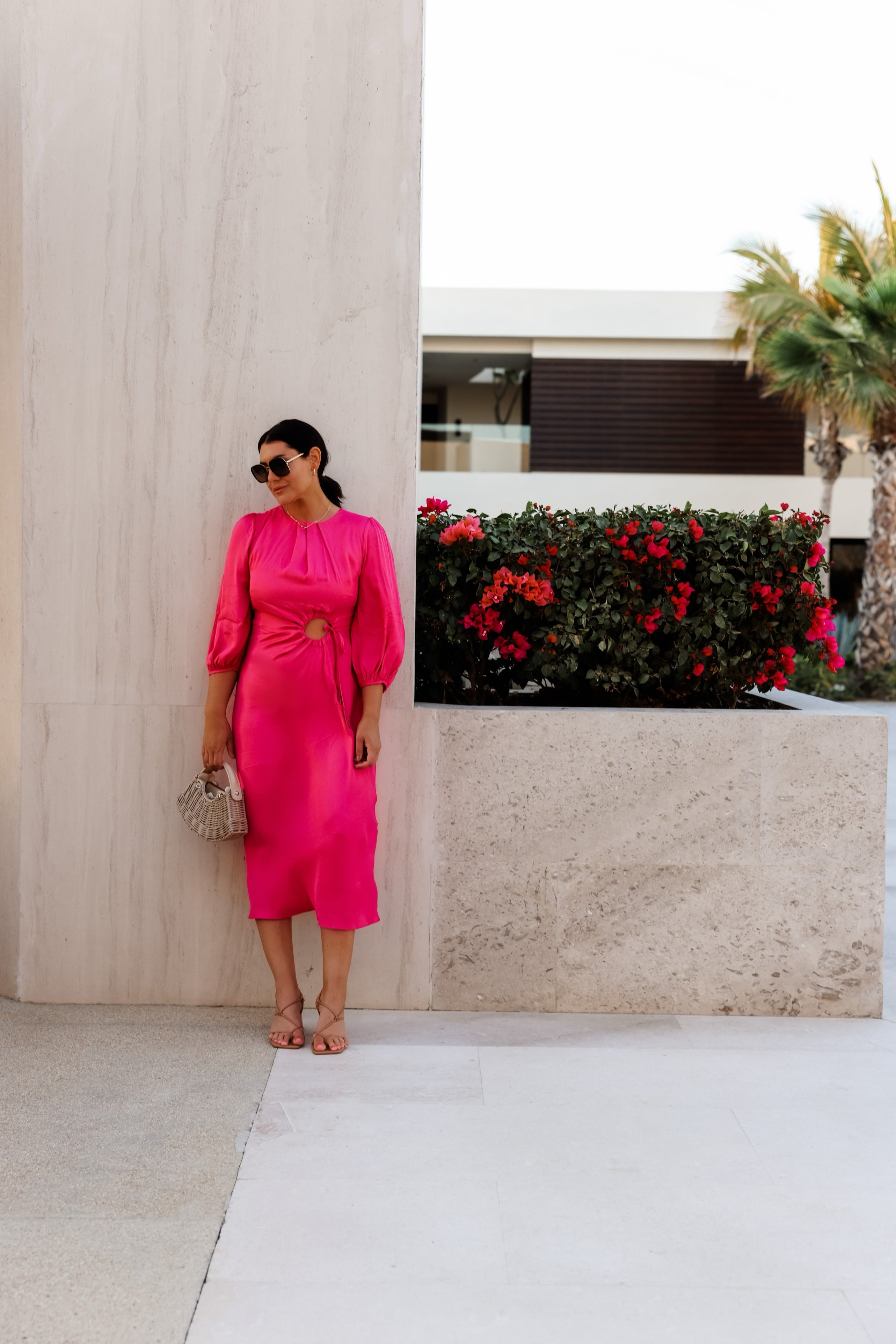 Pink Front Circle Cut Out Midi Dress
