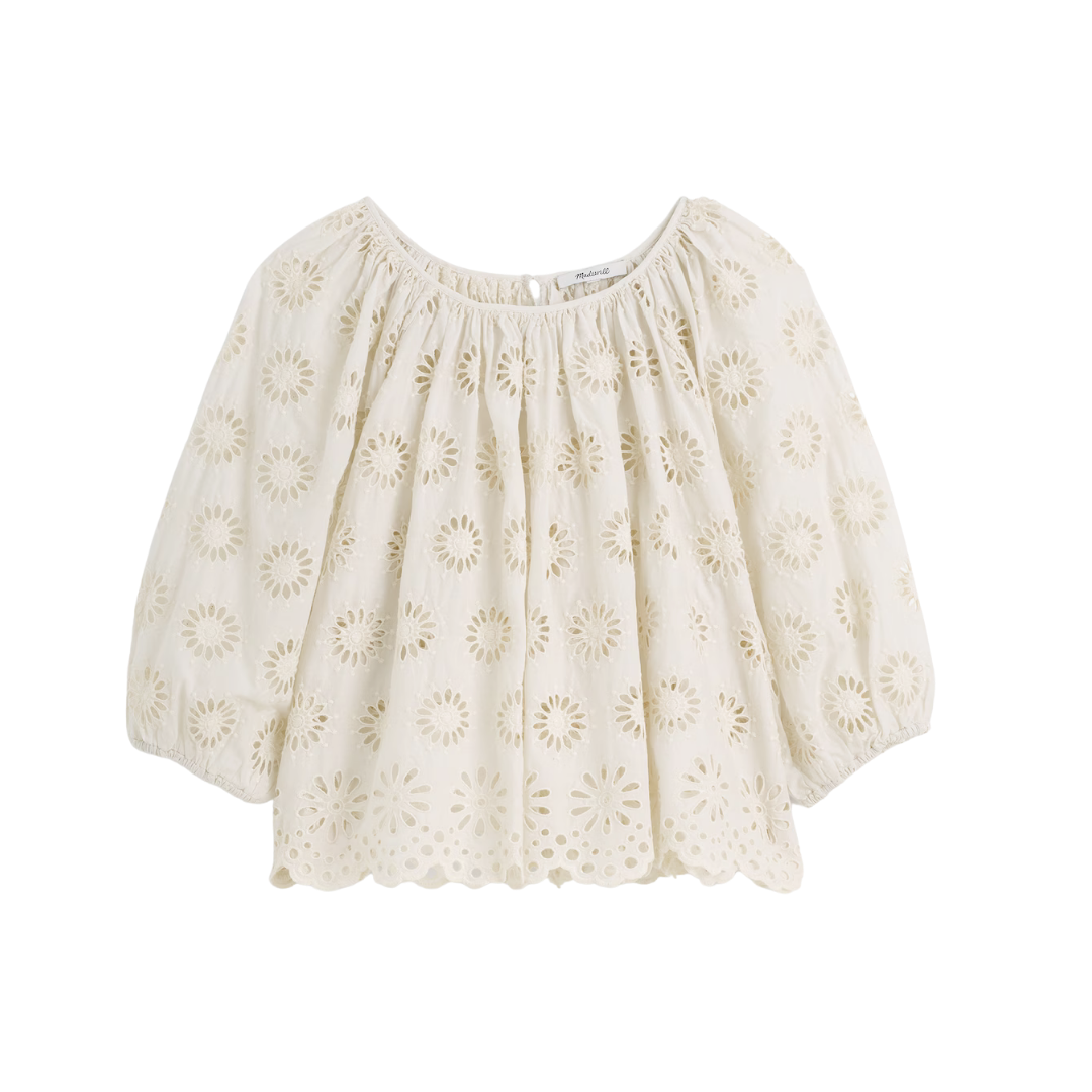 Embroidered Shirred Puff-Sleeve Top
