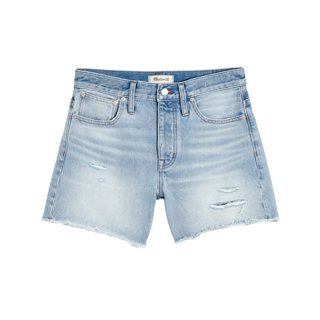 Relaxed Mid-Length Denim Shorts in Selton Wash: Ripped Edition