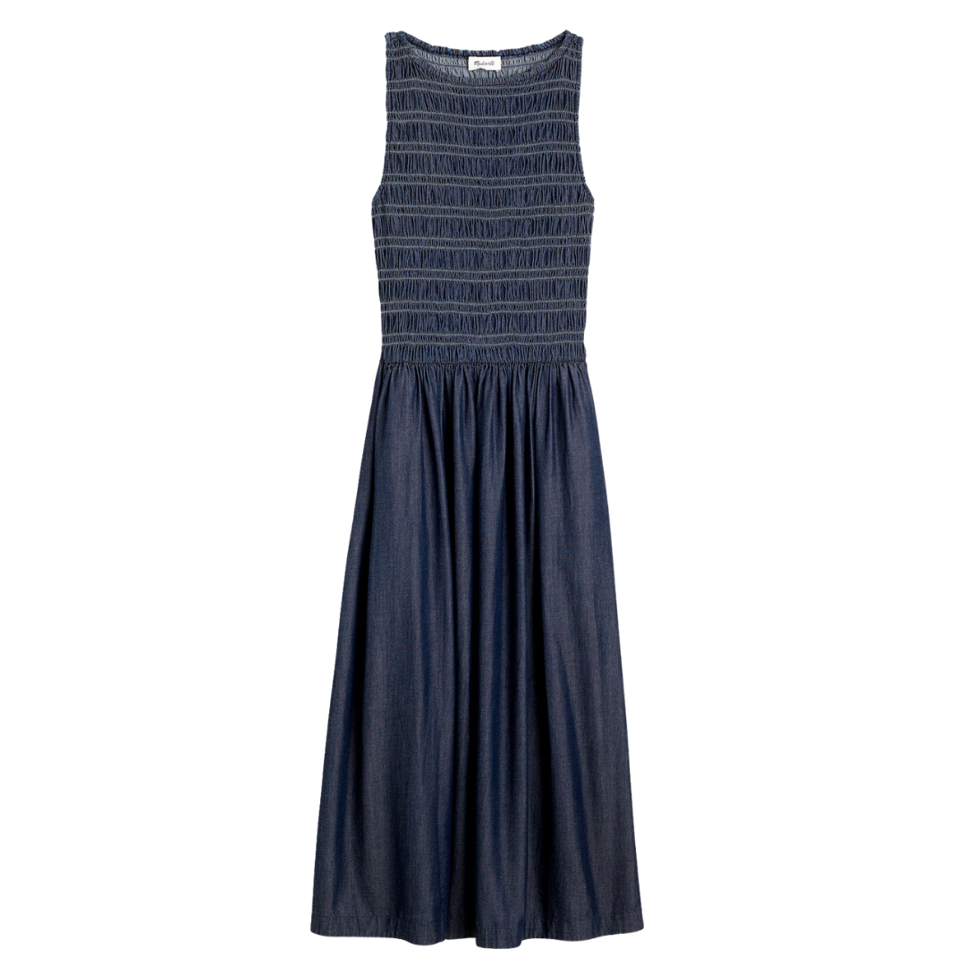 Denim Smocked Boatneck Midi Dress