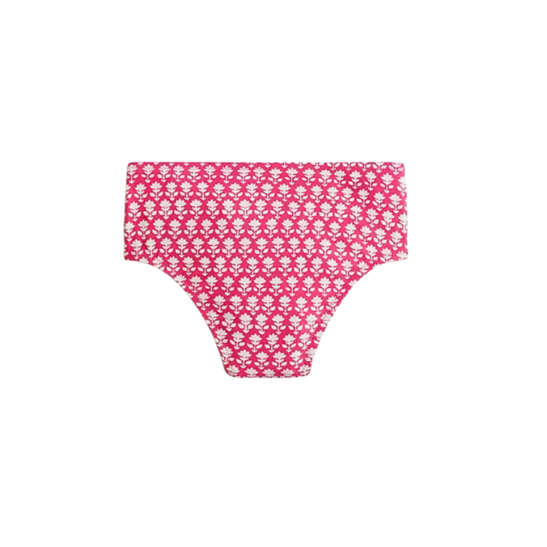 High-rise full-coverage bikini bottom in pink stamp floral