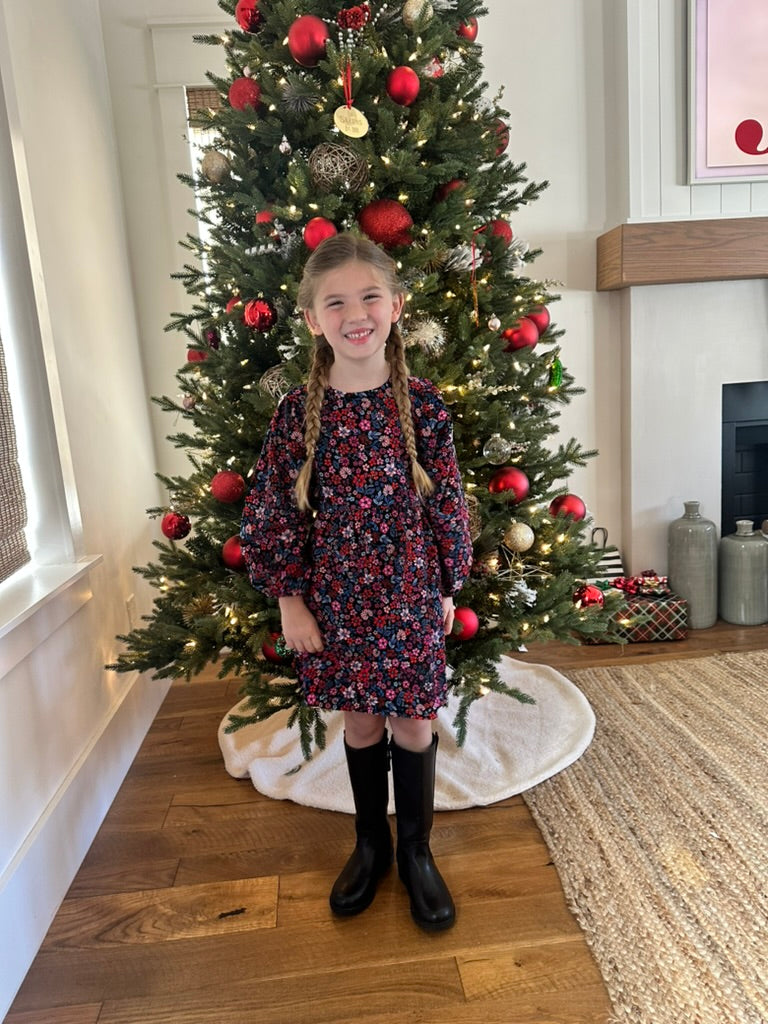 Girls' puff-sleeve dress in floral corduroy