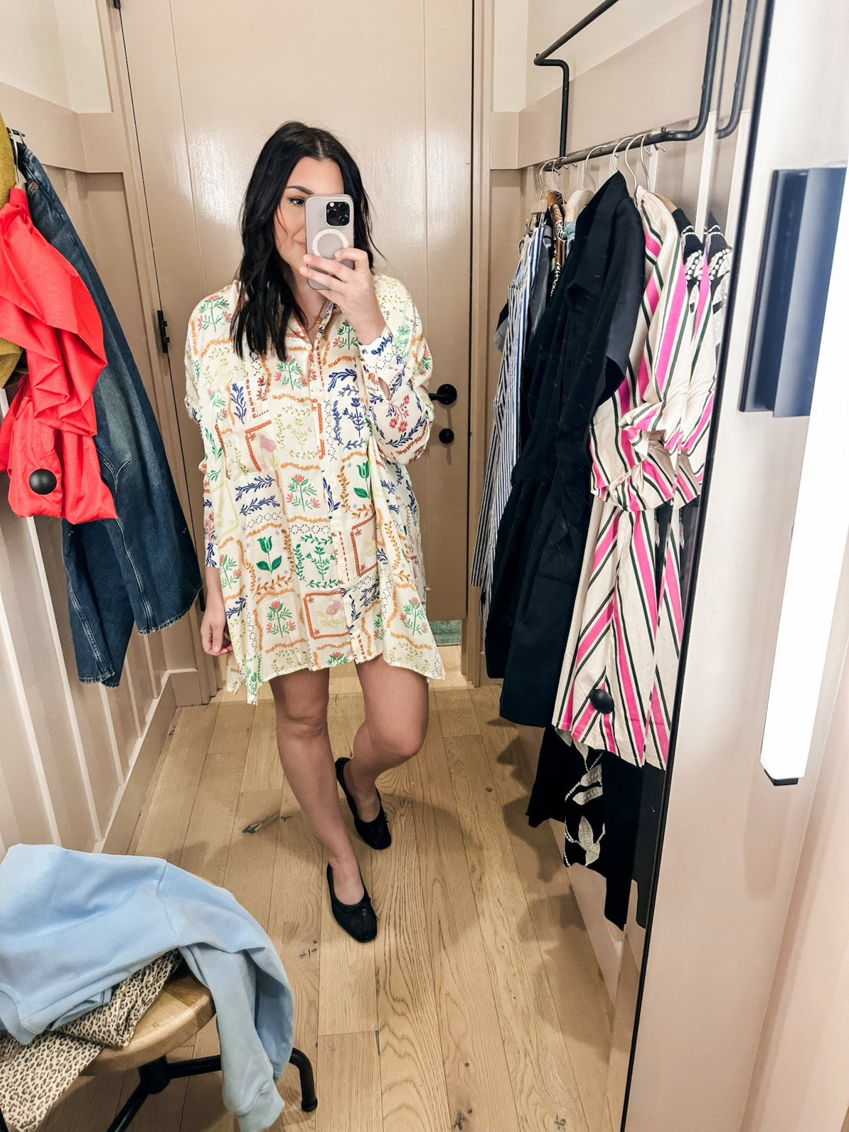 Long-Sleeve Printed Mini Shirt Dress