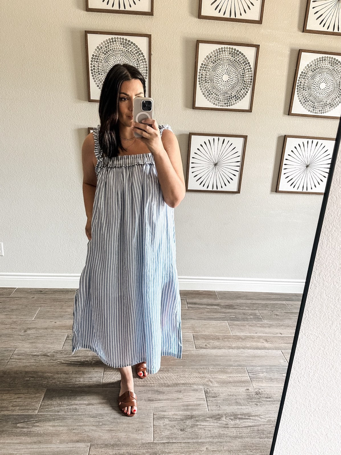 Cotton voile ruffle-trim shift dress in stripe