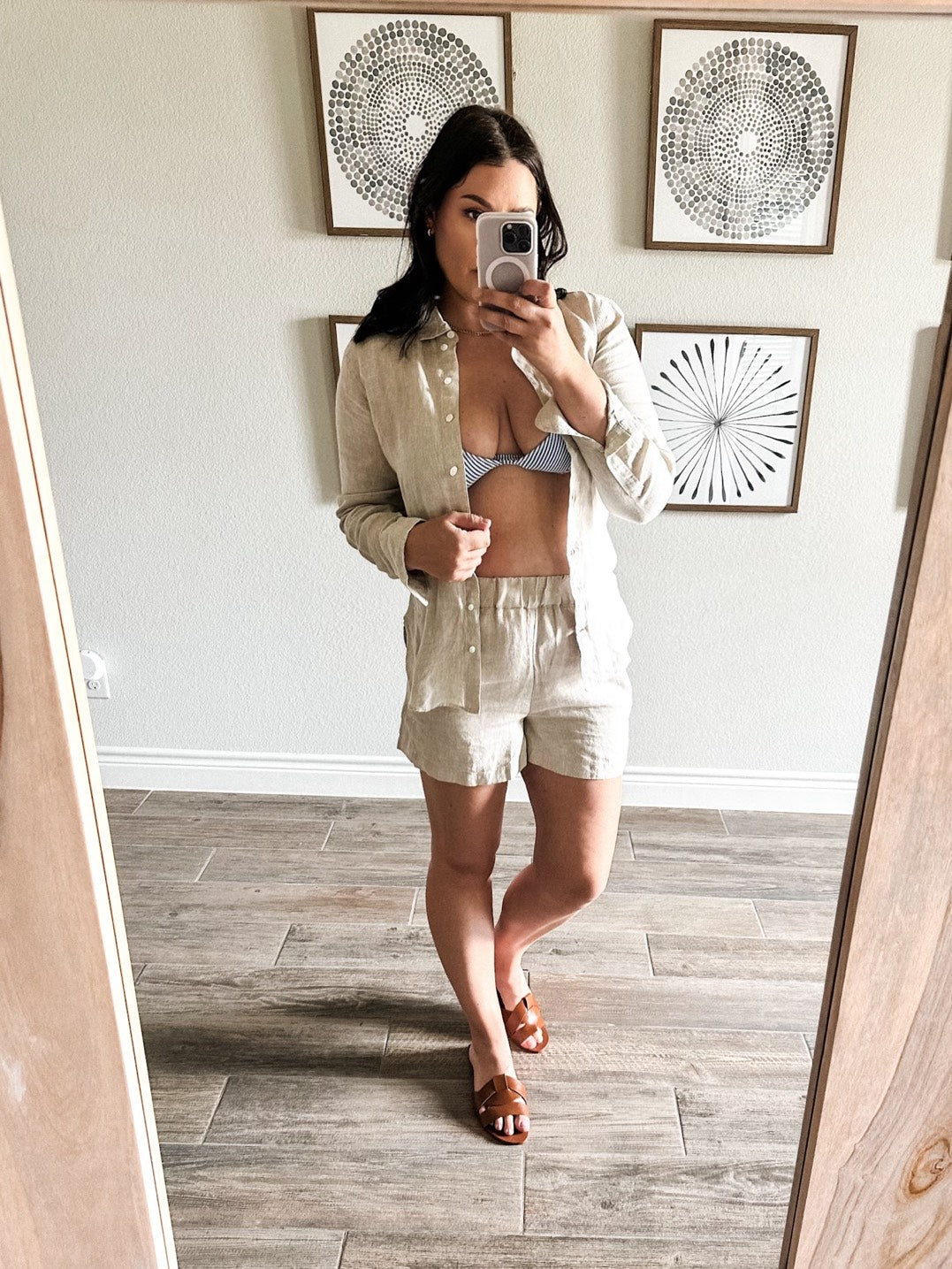 Wide-strap bikini top in seersucker