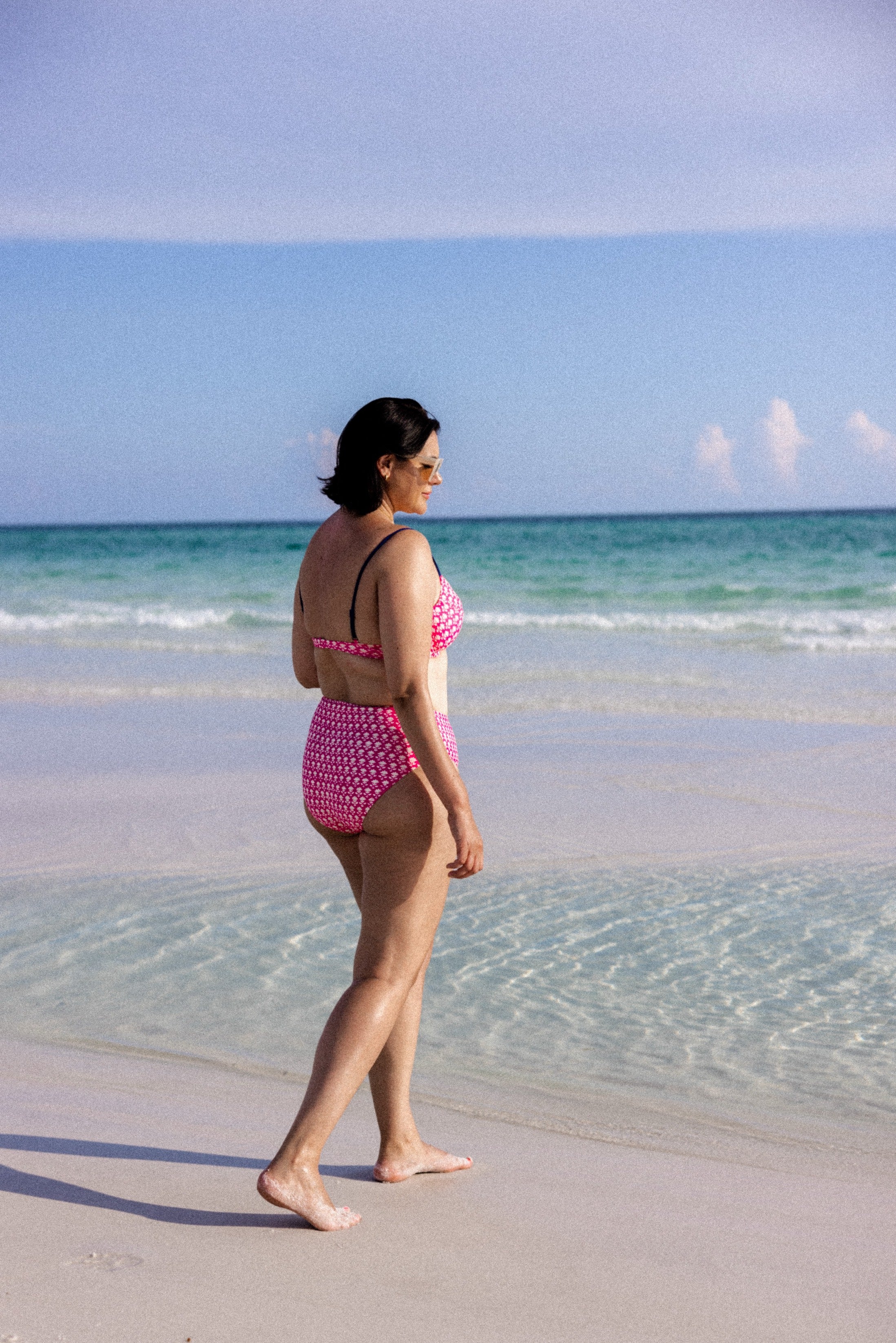 High-rise full-coverage bikini bottom in pink stamp floral