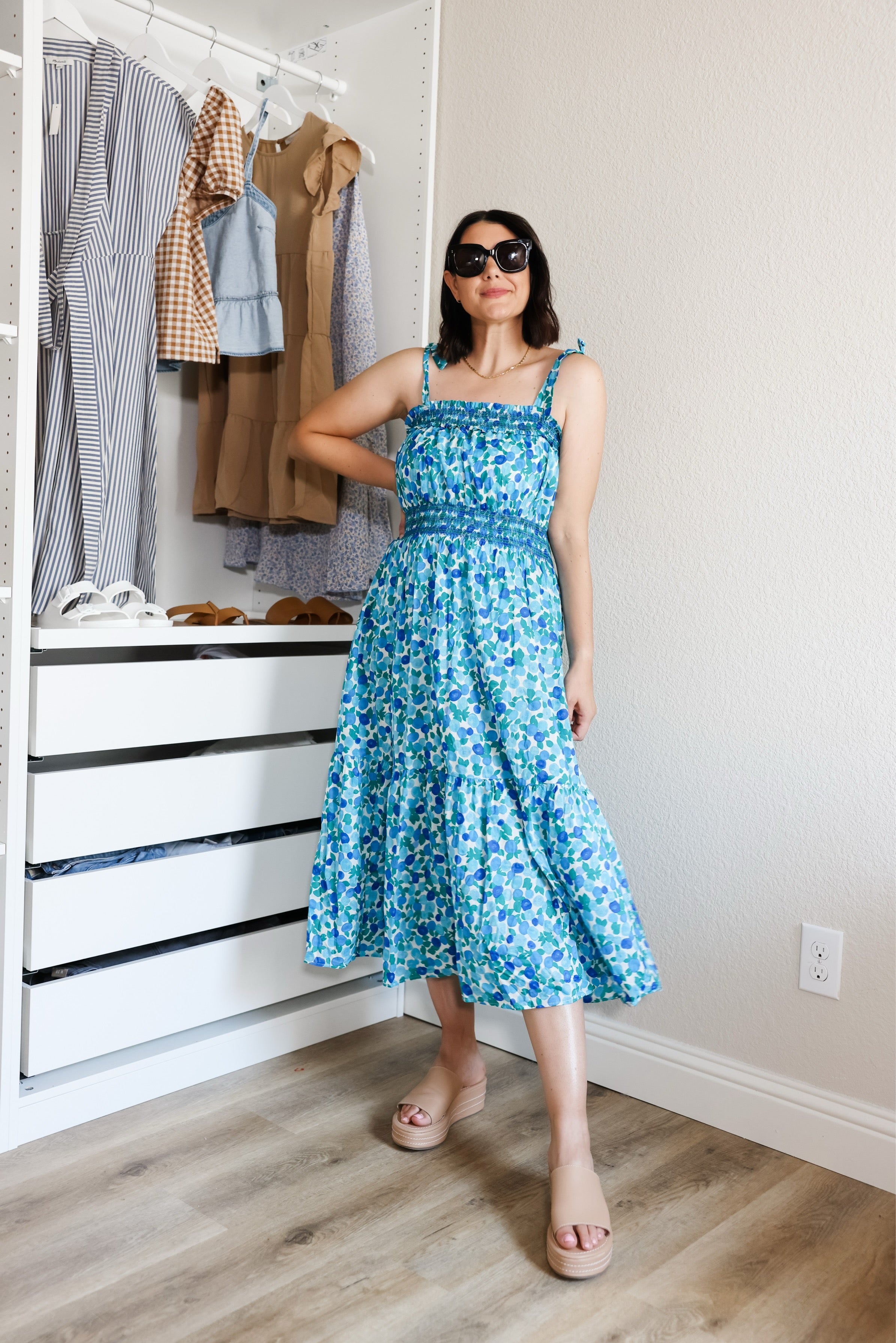 Smocked midi dress in blueberry floral