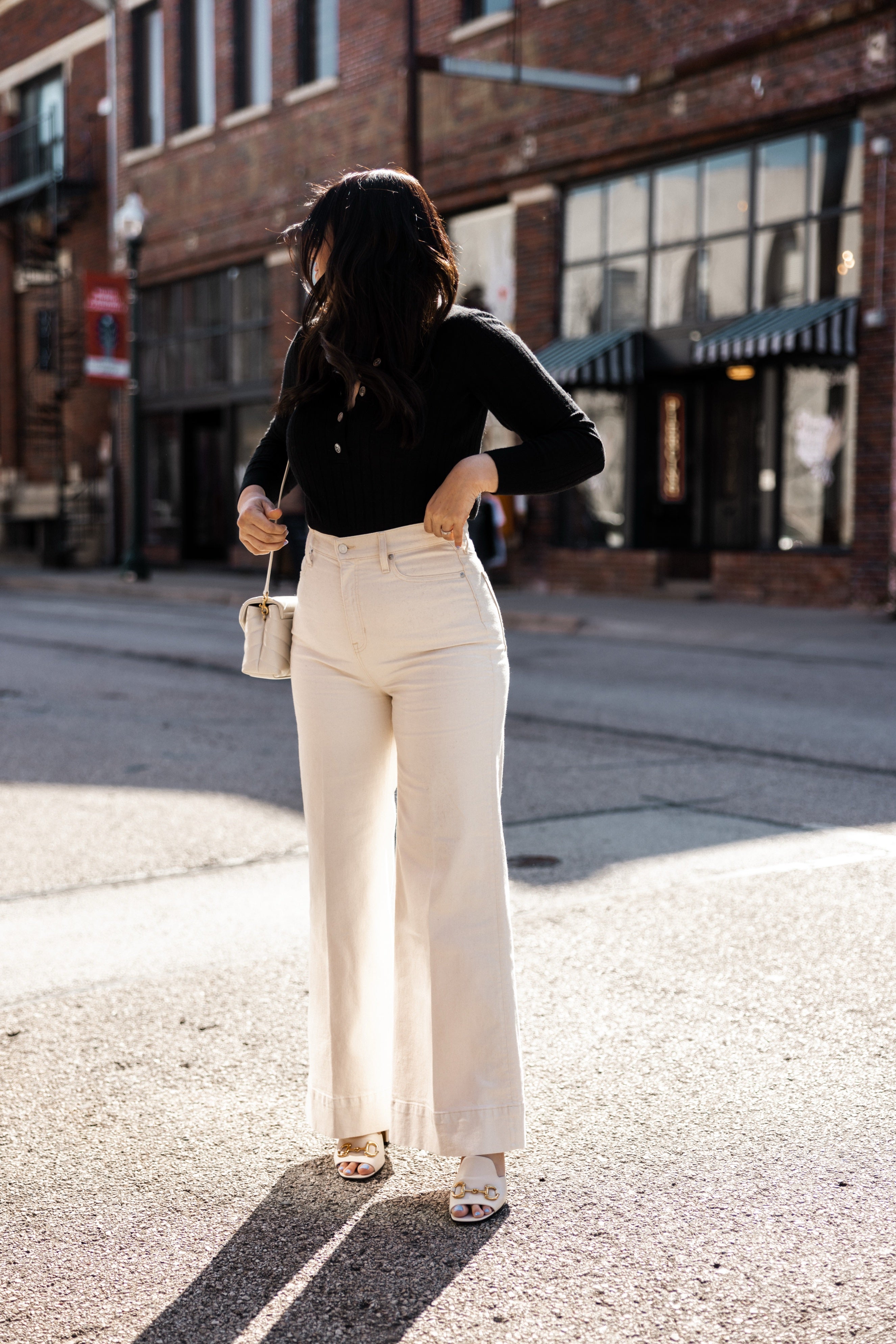Wide-leg denim trouser in ecru
