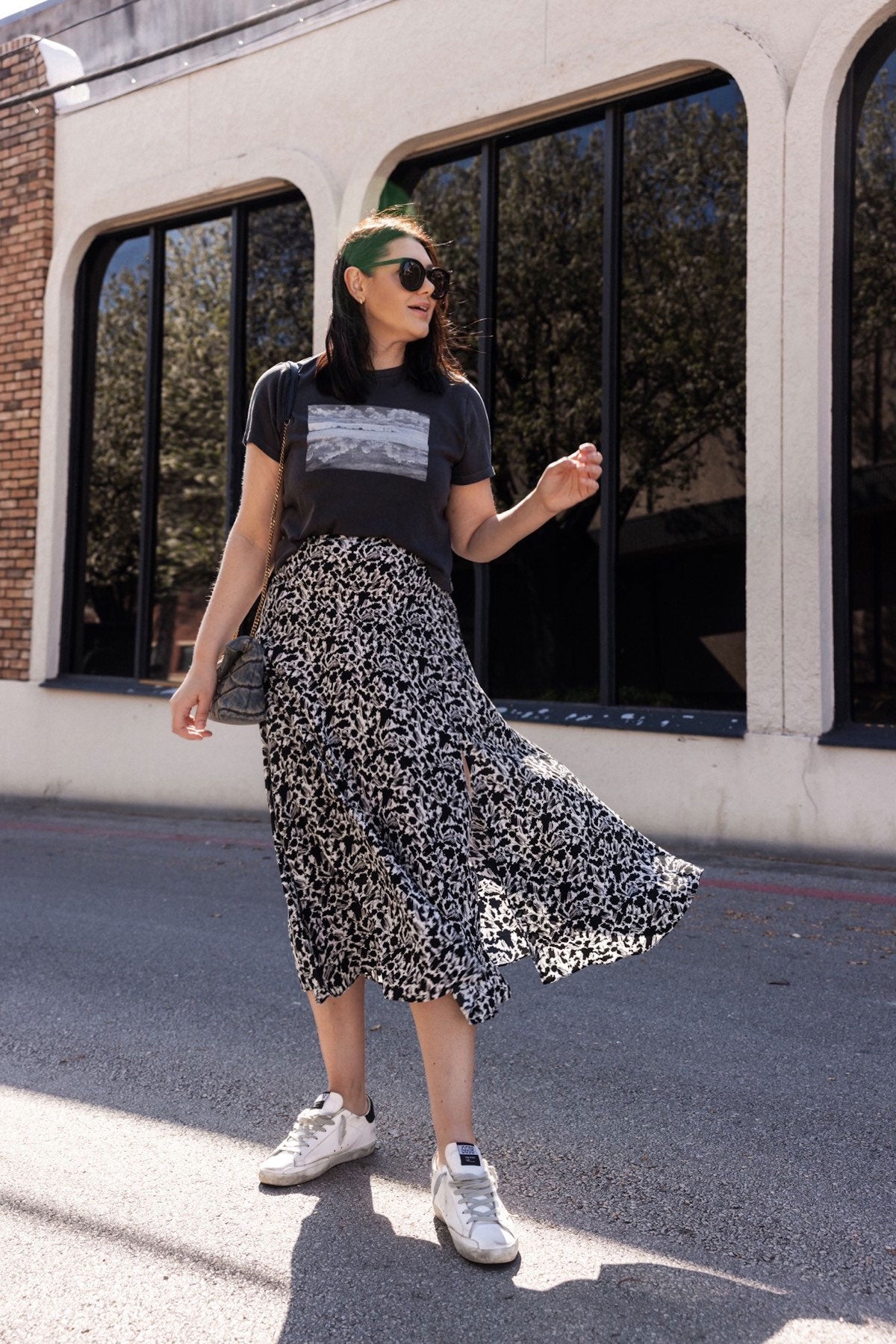 Side-Slit Midi Skirt in Floral Crepe