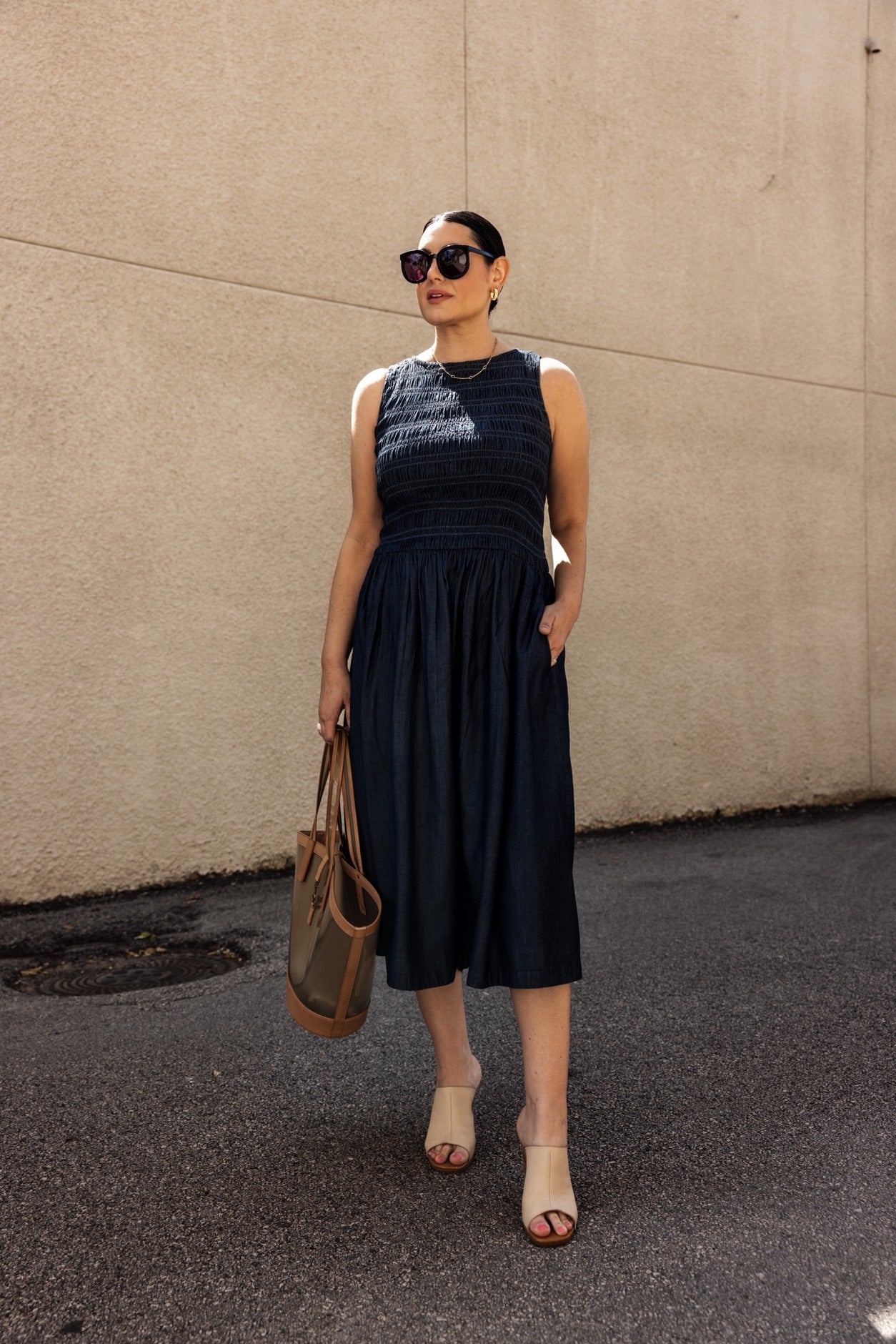 Denim Smocked Boatneck Midi Dress