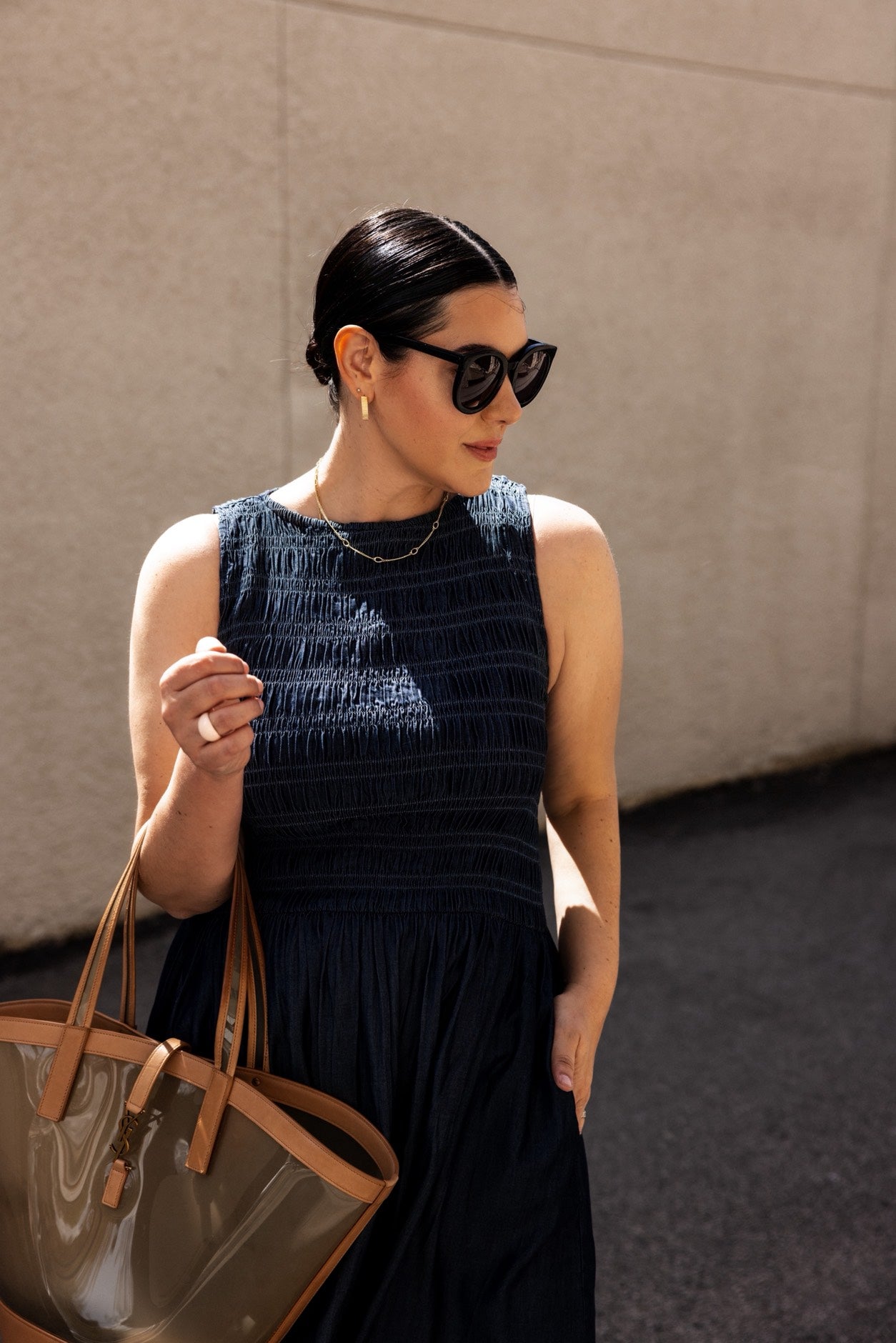 Denim Smocked Boatneck Midi Dress