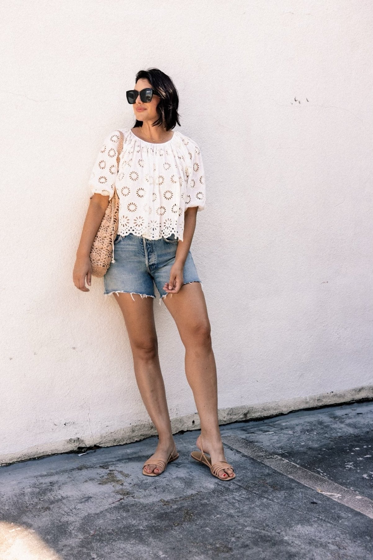 Embroidered Shirred Puff-Sleeve Top