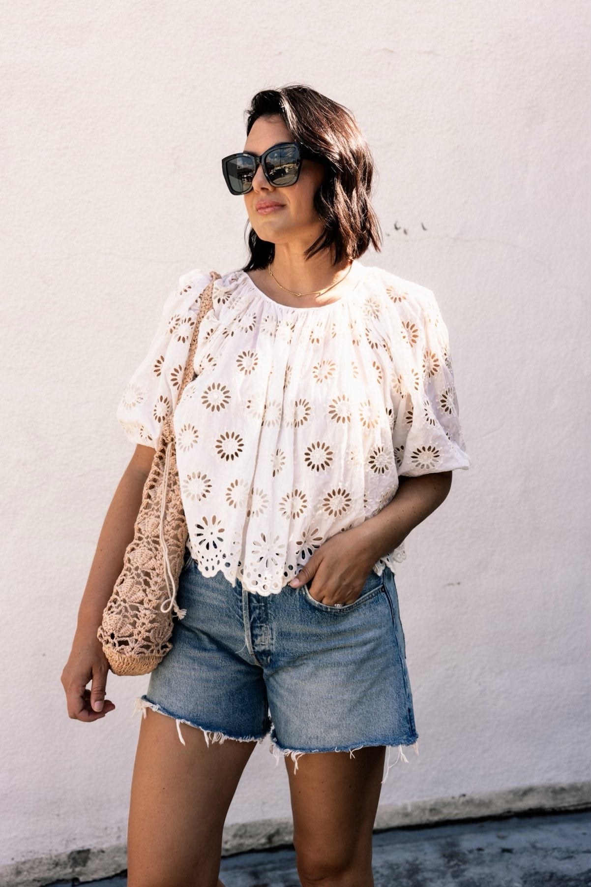 Embroidered Shirred Puff-Sleeve Top