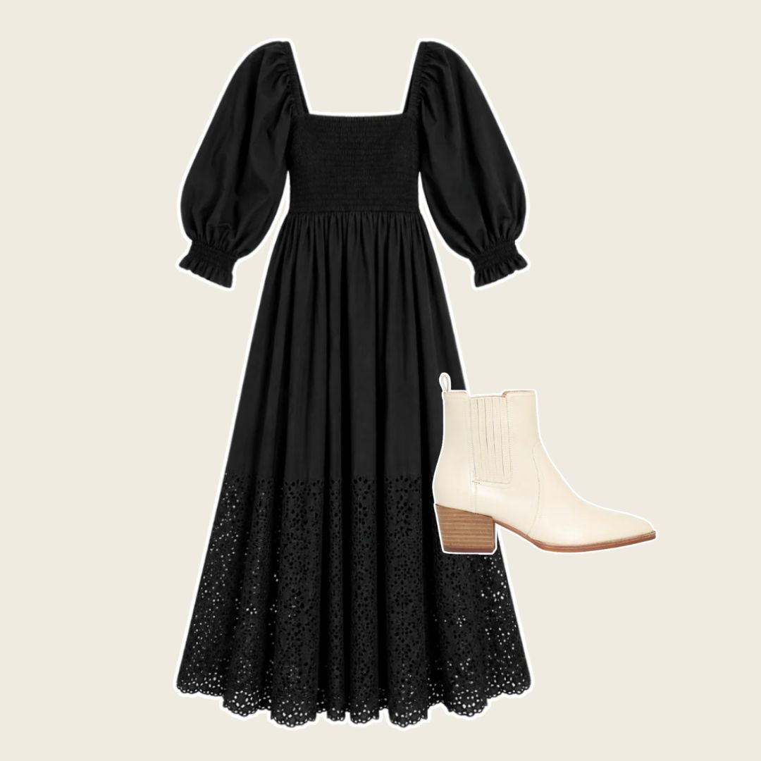 Perfect Storm Smocked Eyelet Long Sleeve Maxi Dress