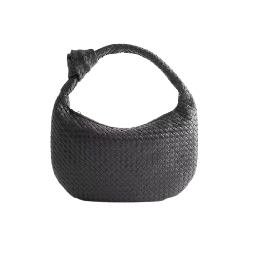 Italian Leather Handwoven Slouchy Shoulder Bag in Black