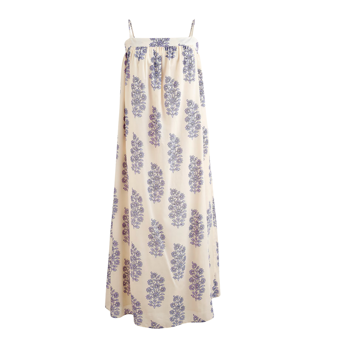 Floaty midi dress in block-print cotton voile