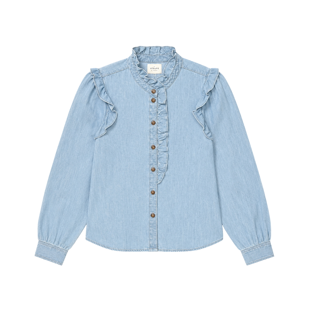 Light Wash Denim Ruffle Blouse