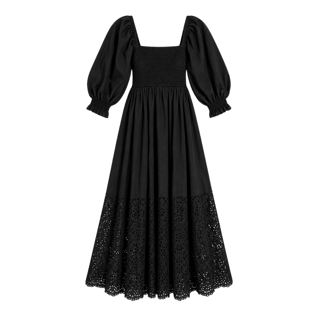 Perfect Storm Smocked Eyelet Long Sleeve Maxi Dress