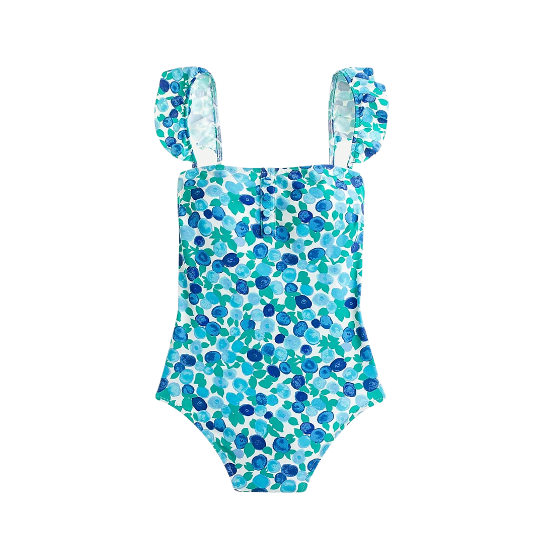 Eco ruffle strap one-piece in blueberry floral