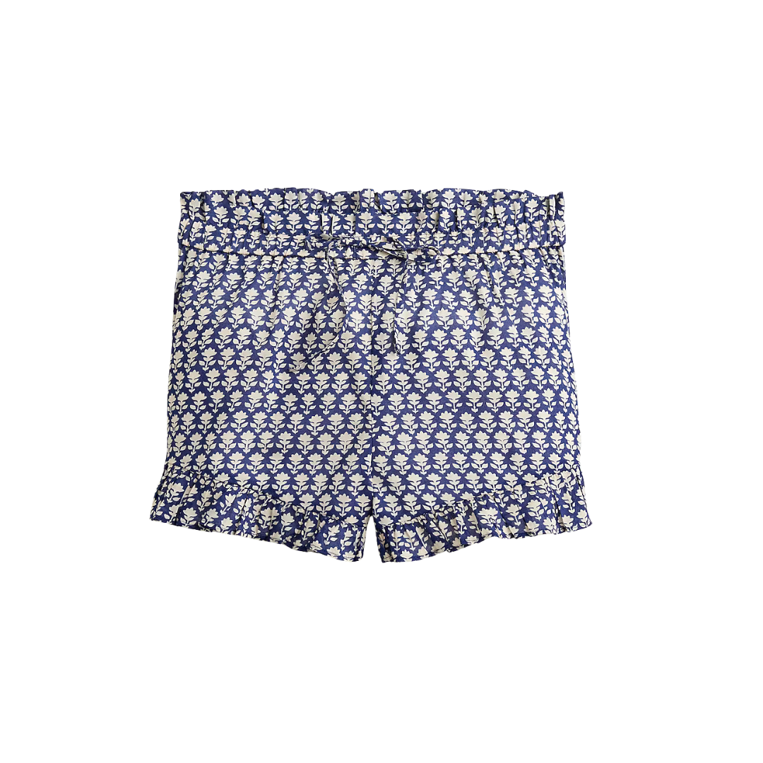 Cotton voile ruffle short in blue stamp floral