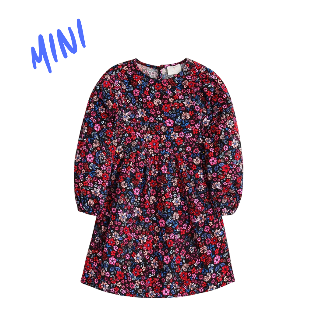 Girls' puff-sleeve dress in floral corduroy