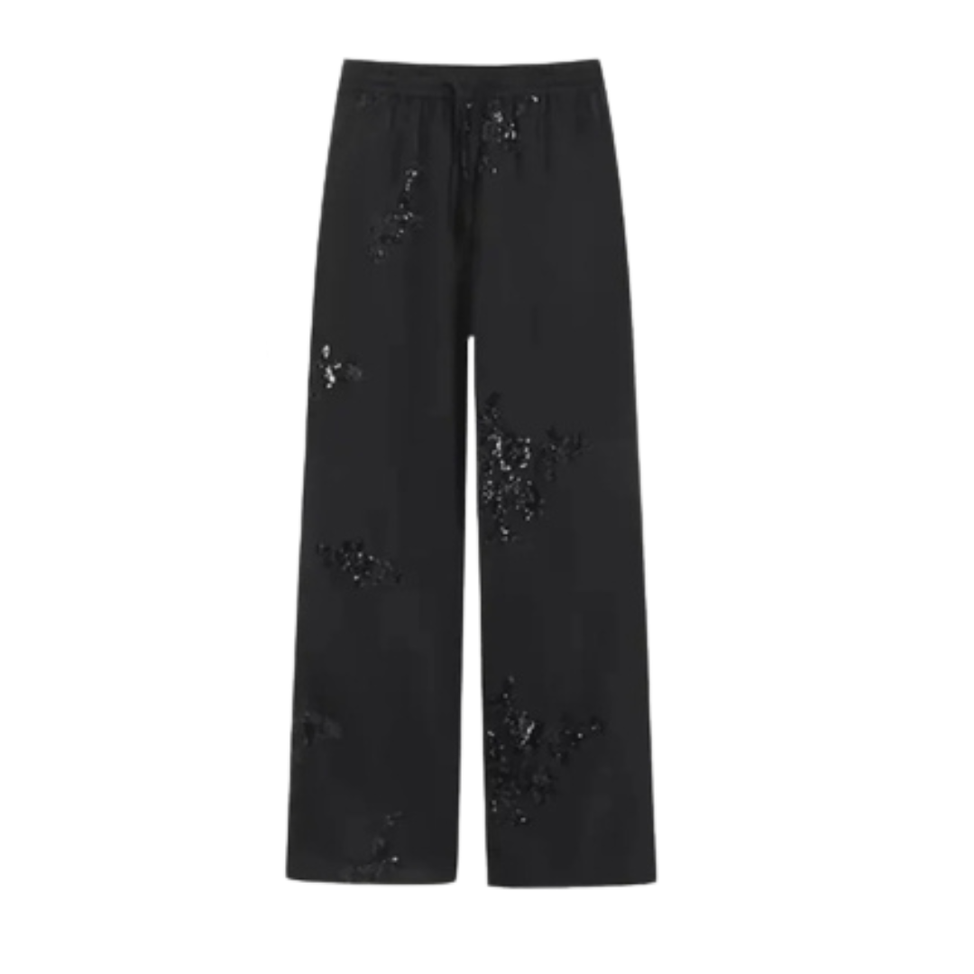 Sequined Drawstring Satin Pants