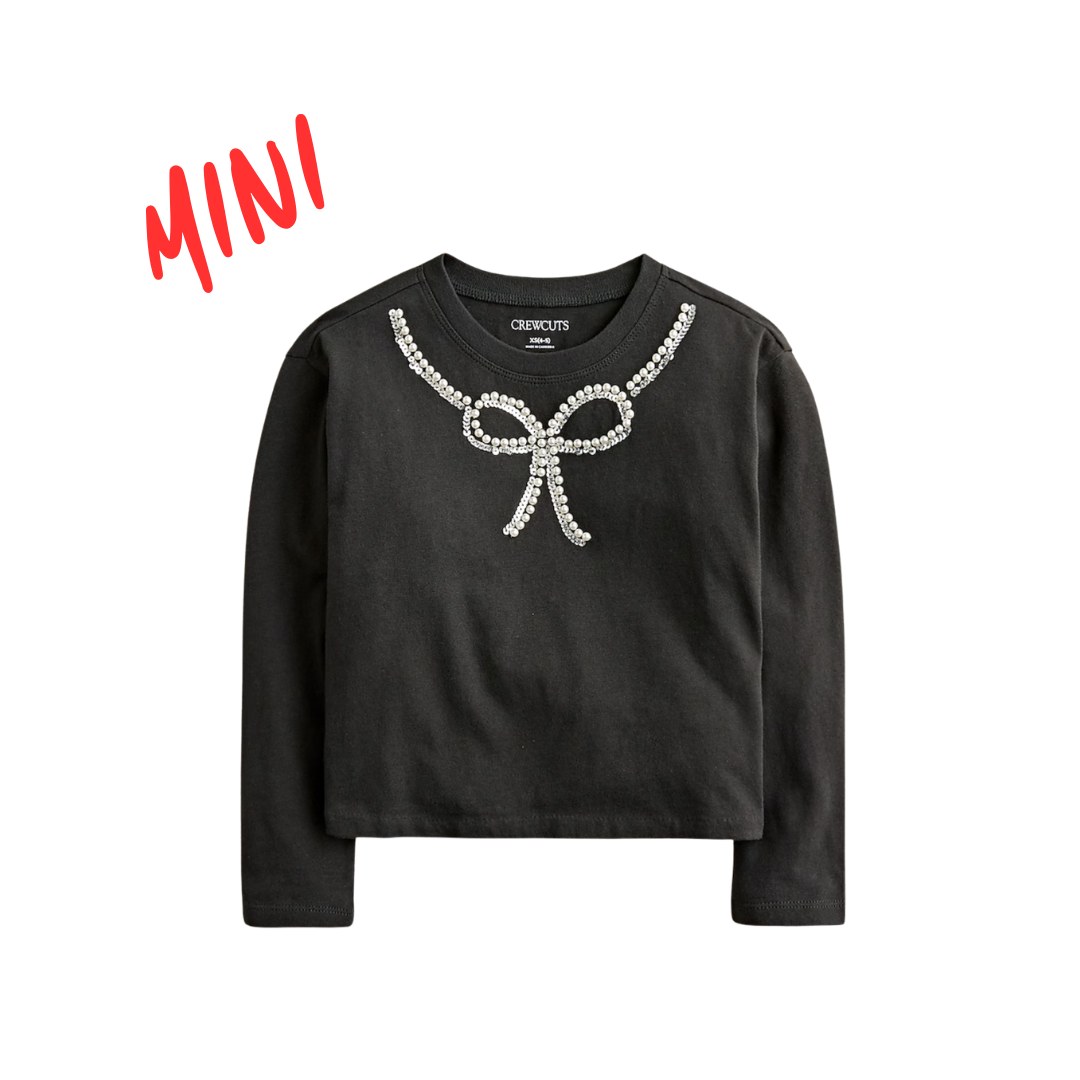 Girls' long-sleeve embellished bow T-shirt with pearls